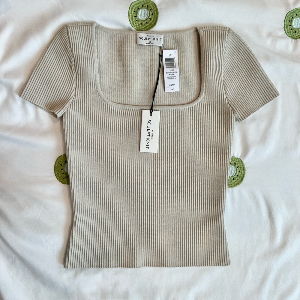 [NWT] Babaton | Sculpt Knit Squareneck Waist Top, Matte Pearl, Size XS